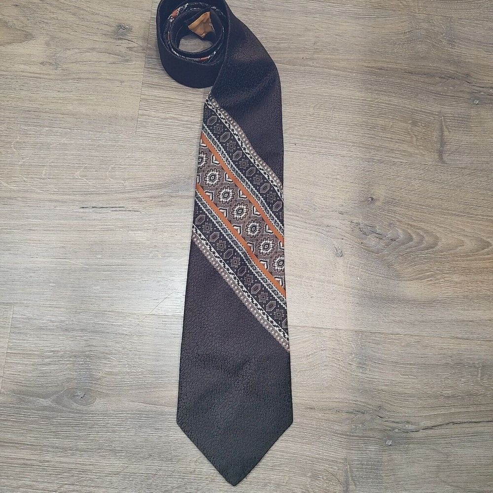 Sid Robbins VINTAGE MENS TIE BROWN GOLD  57" X 4.5" 1970's Holiday Fall‎ Office